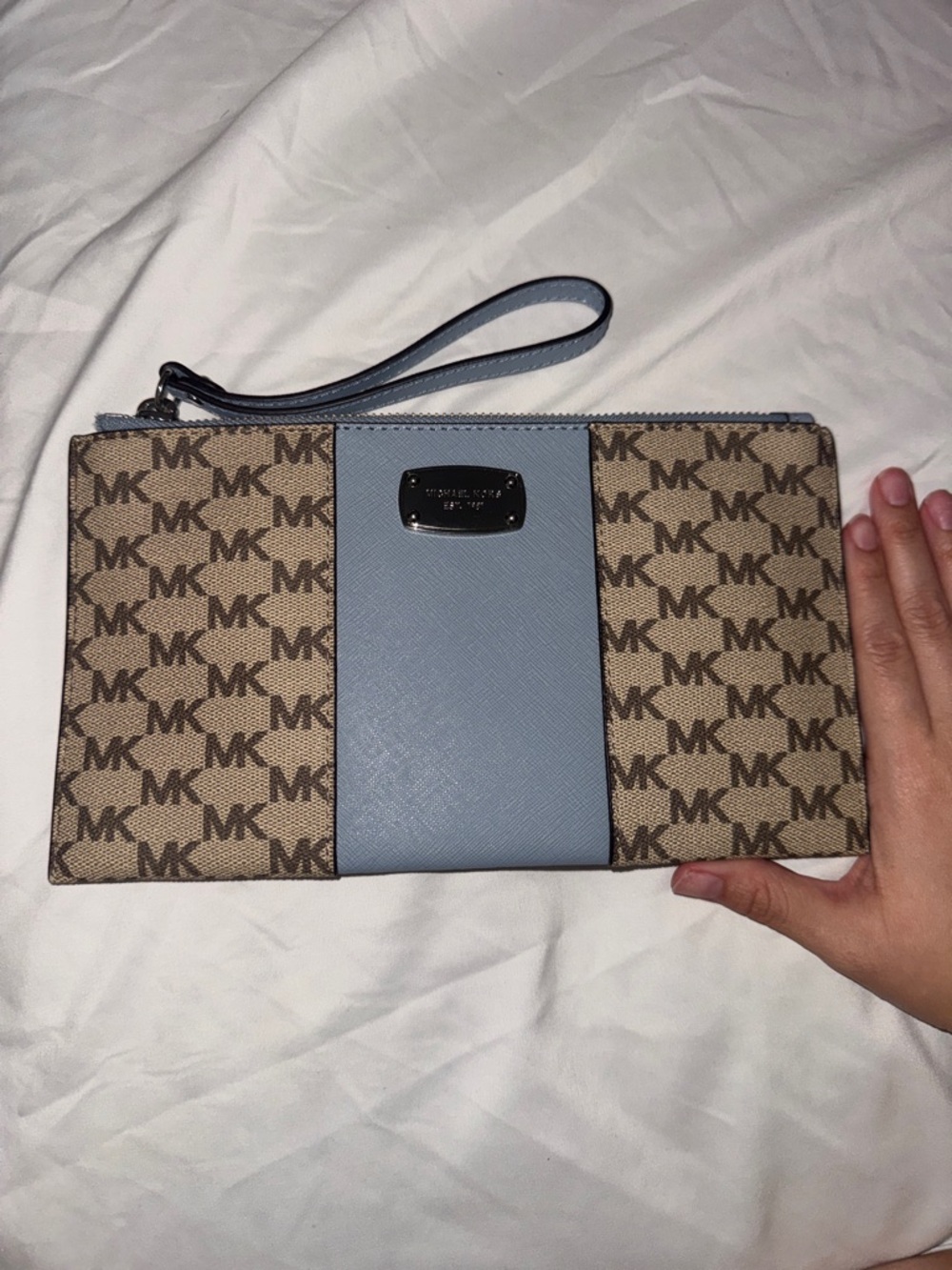 Michael Kors Blue and Brown MK Logo Wristlet